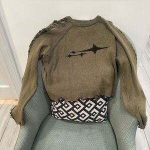 Fashion Nova Olive Green Distressed Starburst Sweater